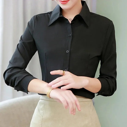 Women’s Solid Button Blouse — Long Sleeve Office Shirt, Elegant Work Top