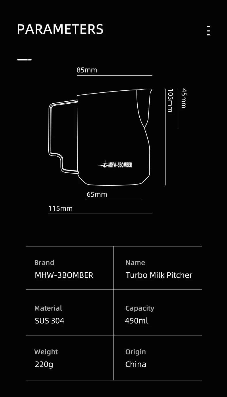 MHW-3BOMBER Turbo Milk Frothing Pitcher – 350ml/450ml Steaming Jug for Professional Foam, Home Barista & Kitchen Use