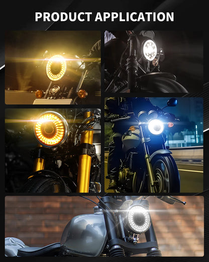 BraveWAY 5.75″ Round LED Motorcycle Headlight – White & Amber DRL with Gradient Halo Start-Up Welcome Light
