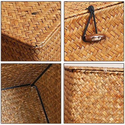 Hand-Woven Seaweed Storage Basket with Lid - Multi-Purpose Sundries Organizer, Cosmetic, Toy, and Clothes Container