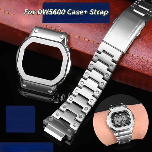Stainless Steel Metal Case & Strap for Casio G-SHOCK DW5600, GW-M5610, 5000 & GW-B5600 – Gold & Black Modified Watchband