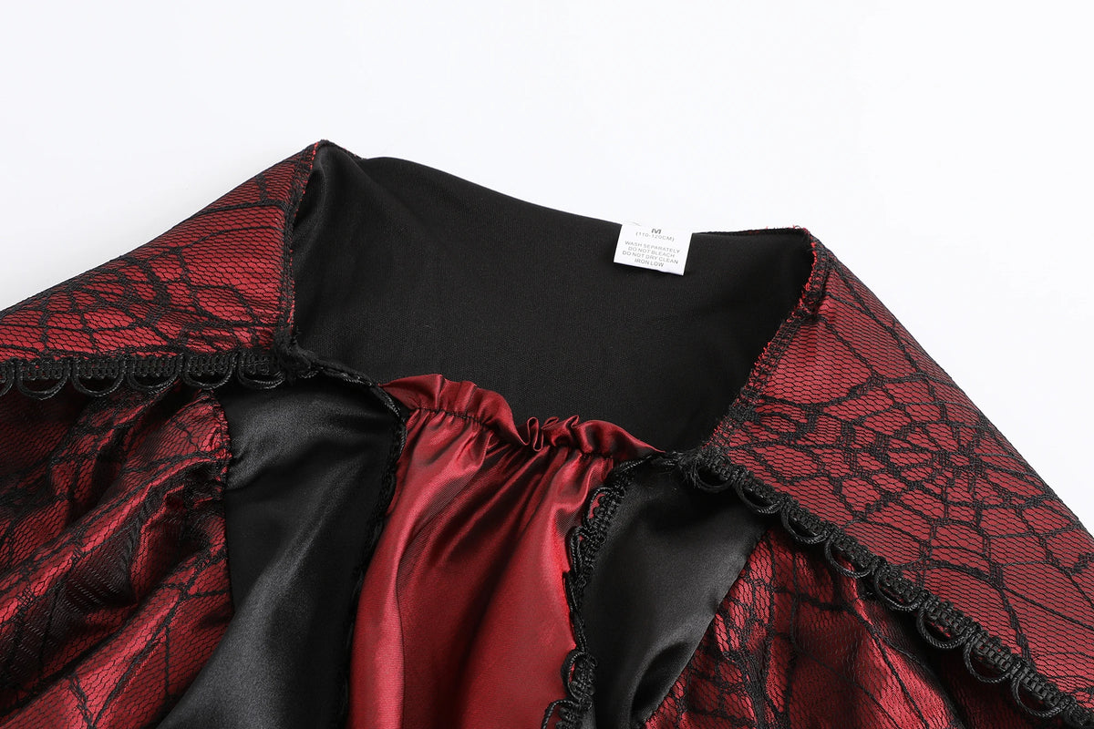 Girls Vampire Queen Costume - Black & Red Vintage Long Dress with Collar for Halloween & Cosplay