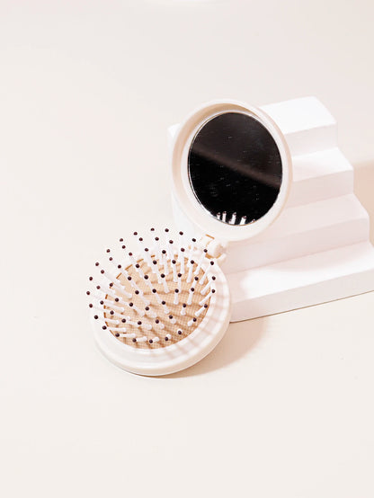 Mini Folding Head Massager & Mirror – Anti-Static Styling Comb for Wigs, Portable Travel Hair Brush