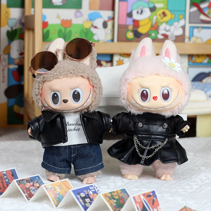 Leather Jacket & Skirt Set — Motorcycle Style Outfit for 17cm Labubu Dolls