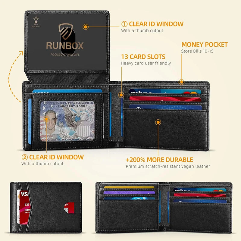 Men's Ultra-Thin RFID Leather Wallet – Carbon Fiber Design with ID Window & Multi Card Slots