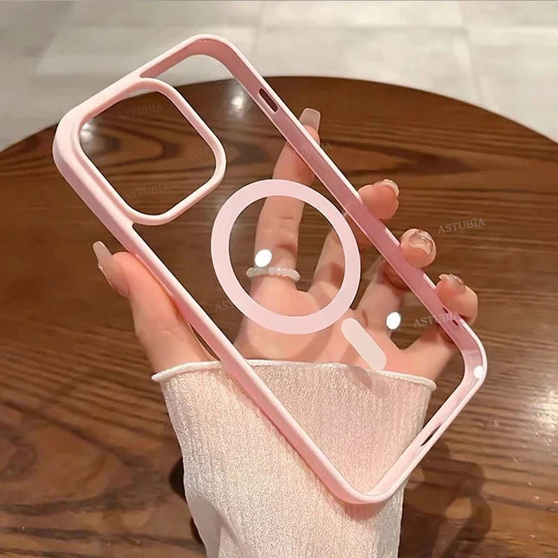 Acrylic Magnetic Clear iPhone Case – Hard Back Cover with MagSafe Wireless Charging, Pink, Fits iPhone 11-16 Pro Max & Plus
