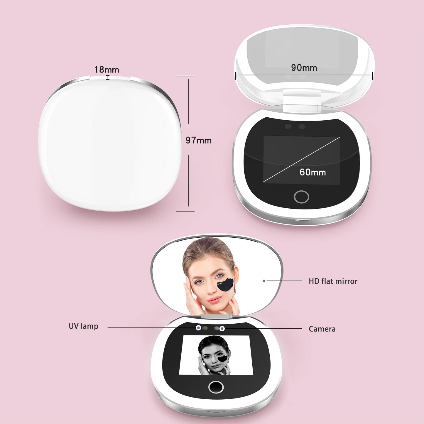 Travel Compact UV Mirror with Camera & LED Lights – 2X Magnification Makeup Mirror for Facial Sunscreen Check