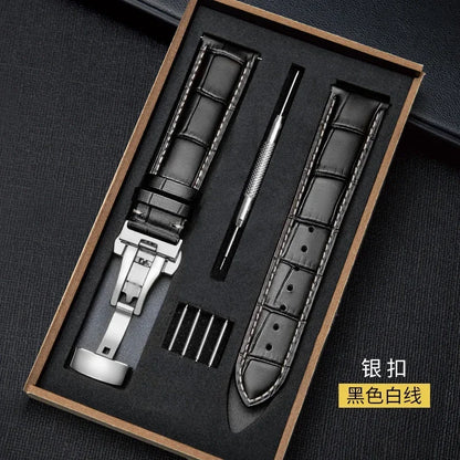 Genuine Leather Watch Strap with Wooden Box – Butterfly Clasp Bracelet 18-24mm Wristband