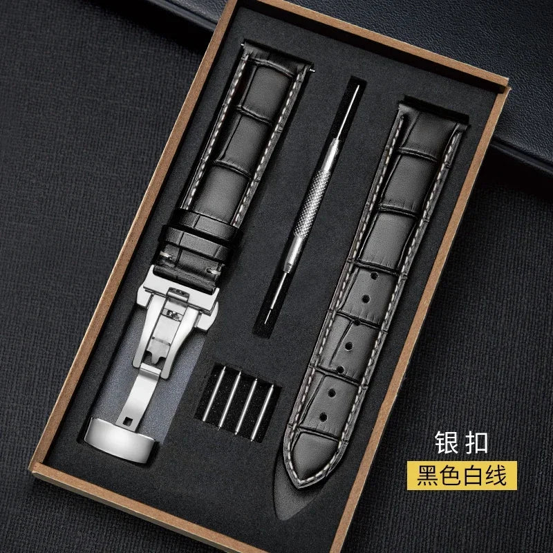 Genuine Leather Watch Band with Wooden Box – Replacement Strap with Butterfly Clasp, 18mm 20mm 22mm Bracelet Accessory
