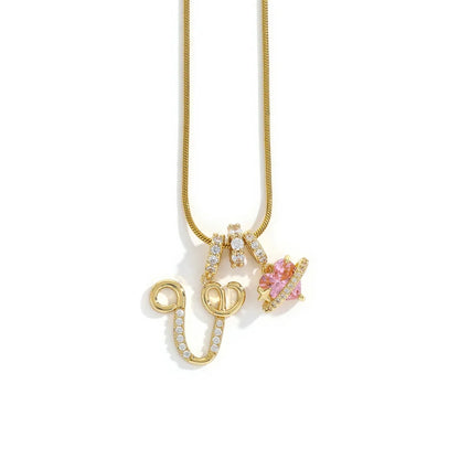 Gold Zircon Flower Letter Necklace - A-Z Alphabet Pendant Jewelry Gift for Women