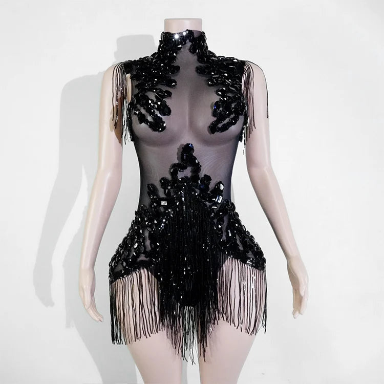 Sexy Shiny Silver Sequin & Black Spandex Jumpsuit — 2025 Women’s Prom, Dancer & Stage Performance Costume
