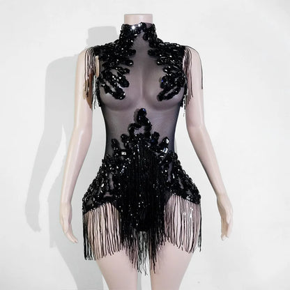 Sexy Shiny Silver Sequin & Black Spandex Jumpsuit — 2025 Women’s Prom, Dancer & Stage Performance Costume