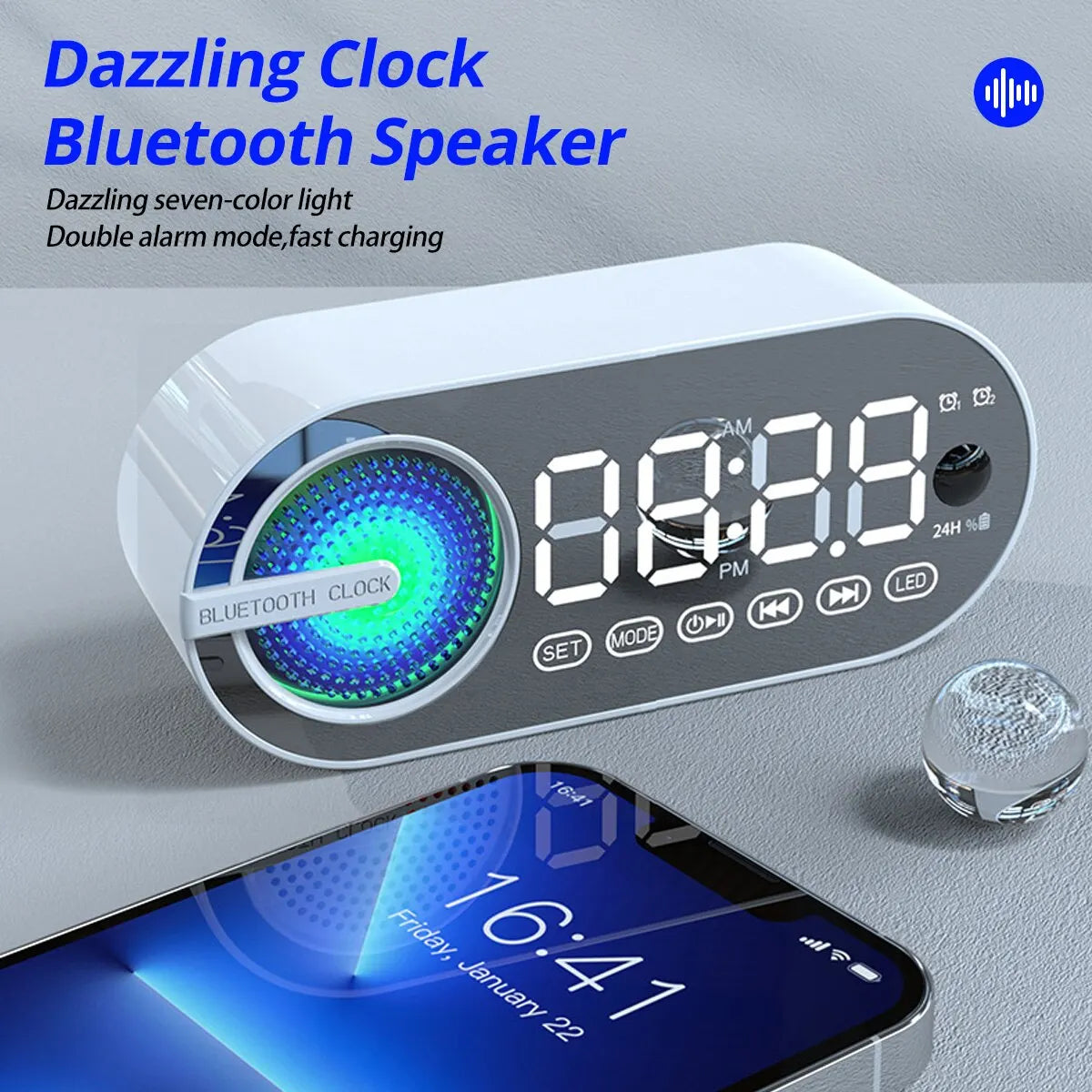 Quiet Wireless Bluetooth Speaker Alarm Clock – RGB TWS LED Mirror Digital Clock with USB, FM, Large Display for Living Room & Office
