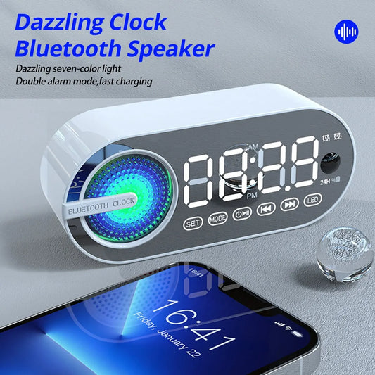 Quiet Wireless Bluetooth Speaker Alarm Clock – RGB TWS LED Mirror Digital Clock with USB, FM, Large Display for Living Room & Office