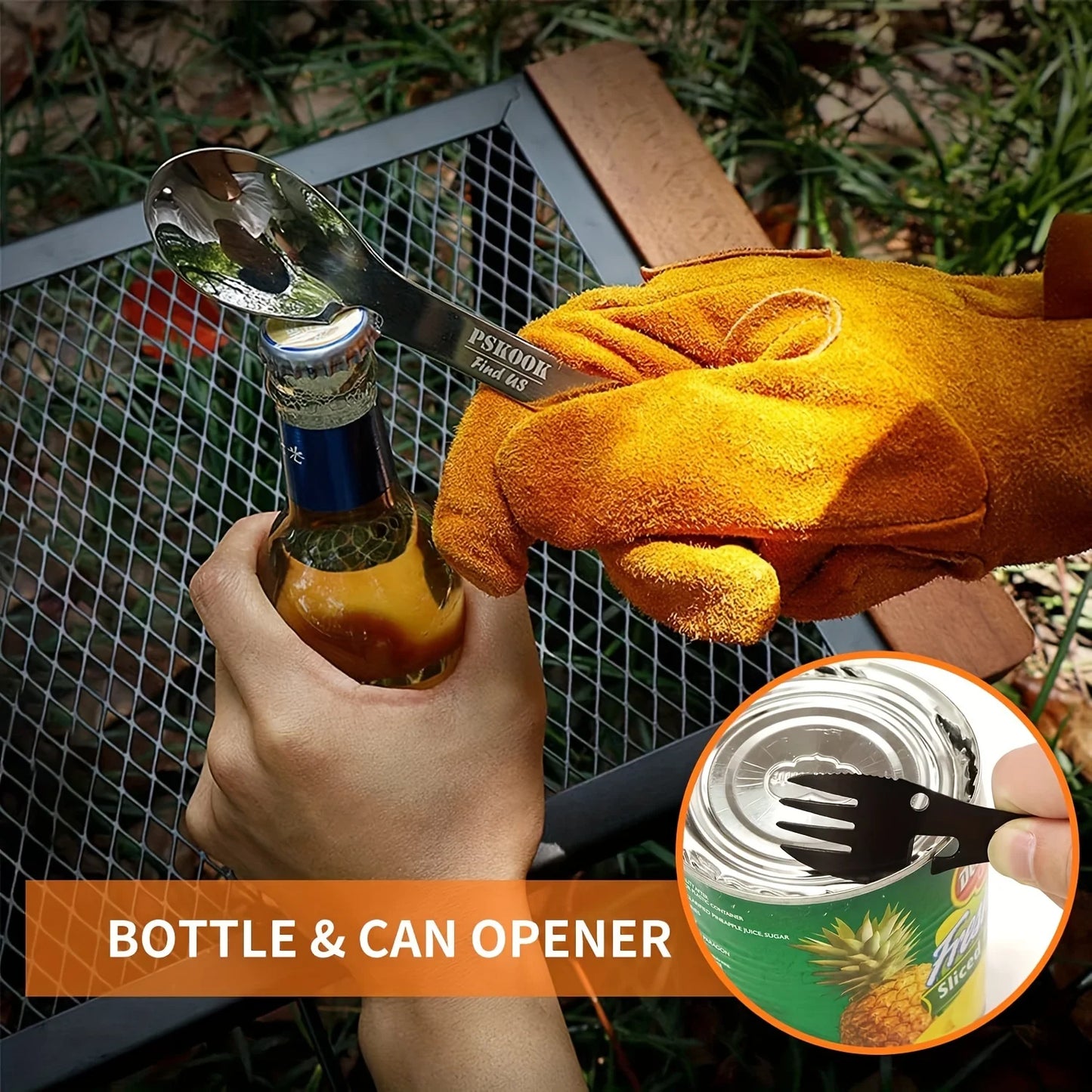 PSKOOK 5-in-1 Outdoor Survival Tools - Multi-Functional Camping EDC Kit with Fork, Knife, Spoon, and Bottle/Can Opener