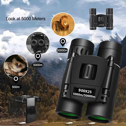 900x25 HD Zoom Portable Binoculars: Powerful Long-Range BAK4 Telescope Jumelles - Folding Low-Light Binoculars for Hunting, Camping