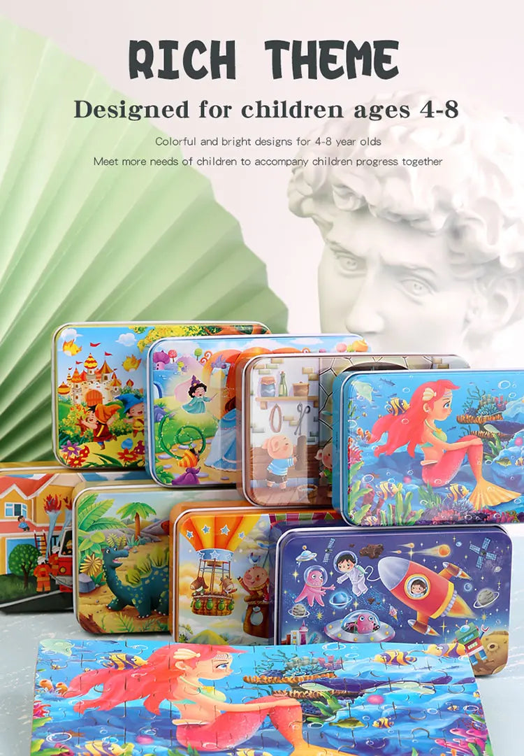 60PCS Cartoon Jigsaw Puzzle with Metal Box – Kids Educational Animal & Vehicle Puzzle Game