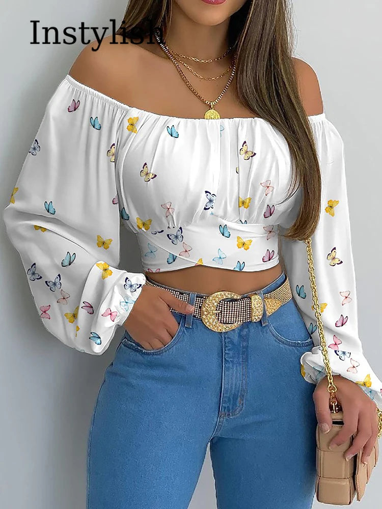 Elegance Redefined: Women's Sexy Off-Shoulder Printing Blouses - Chic Lantern Long Sleeve Lace-Up Bow Cropped Tops, Casual Slim Shirts