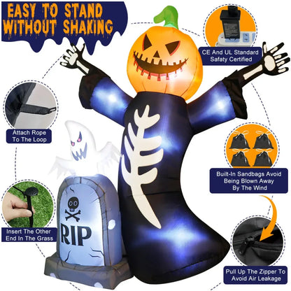 5/8FT Inflatable Halloween Decoration – Tombstone, Ghost, Pumpkin & Skull for Outdoor Haunted House, Yard, Garden, and Halloween Party Props