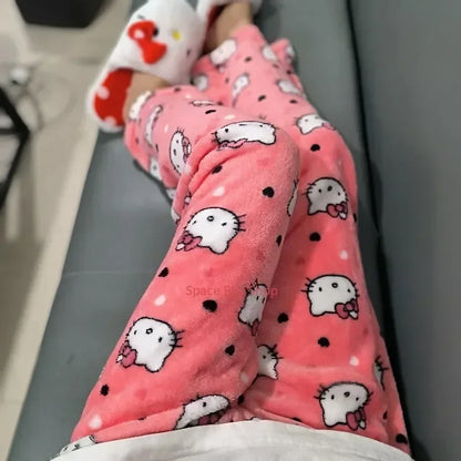 Thick Hello Kitty Fleece Pajama Pants – Soft Double Elastic Anime Trousers for Women, Cute Sanrio Birthday Gift