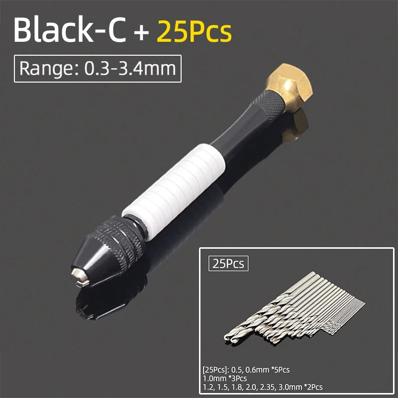Mini Aluminum Hand Drill 0.3–3.4mm – Keyless Chuck Micro Rotary Tool with HSS Twist Drill Bit Set for Wood & DIY Crafts