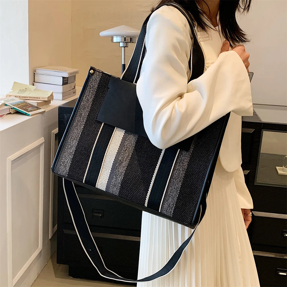 MOODS Quality Canvas Tote Bag for Women 2023 – Luxury Designer Handbag, Contrast Color Striped, Big Shoulder Crossbody Shopper Totes