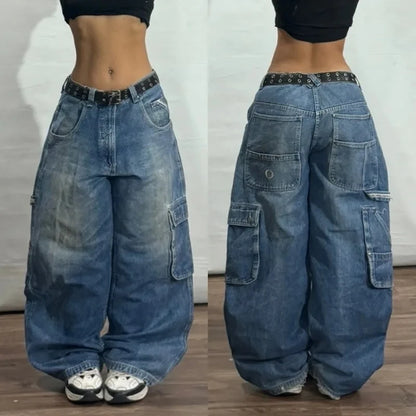Streetwear Multi-Pocket Baggy Jeans – Y2K Hip-Hop Harajuku High-Waist Wide Pants for Men & Women