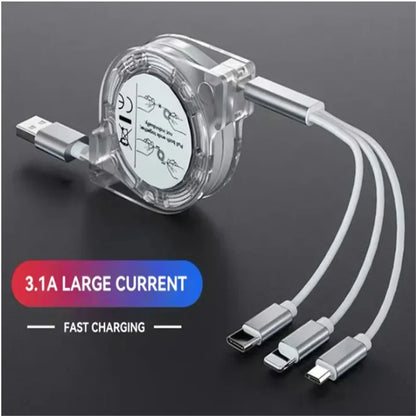 3-in-1 Retractable USB Data Cable – Fast Charging for iPhone, Type-C & Micro USB, Compatible with Android, Xiaomi, Huawei, Samsung