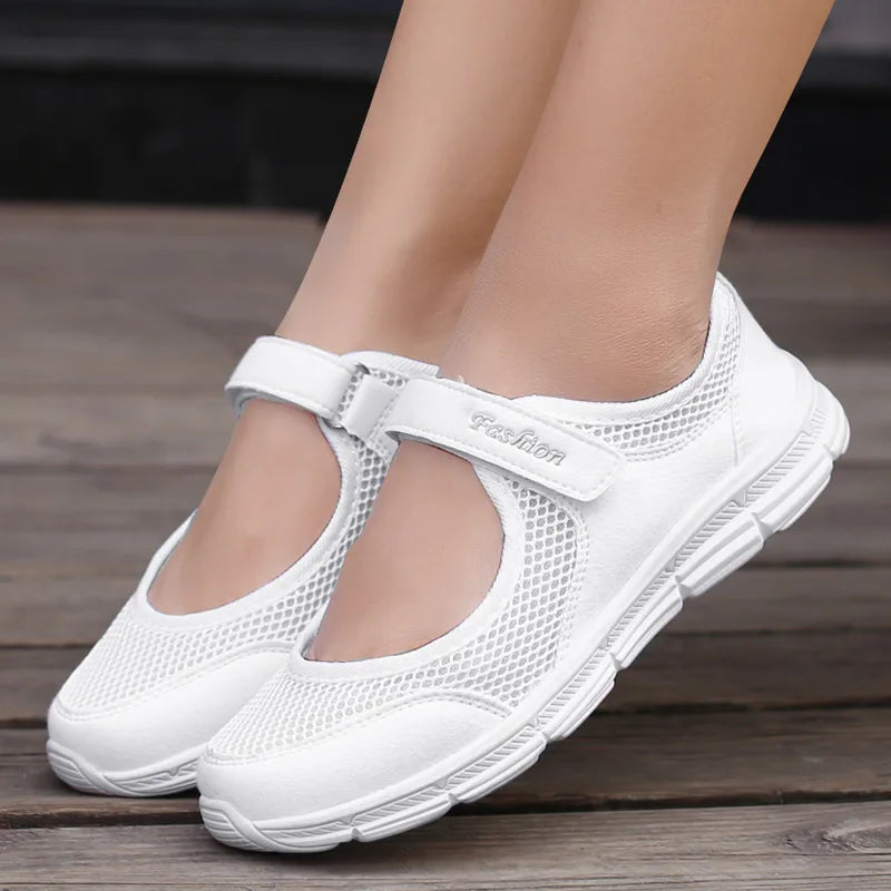 Women’s Breathable Mesh Vulcanized Sneakers – White Casual Walking Shoes, Fashion Work Shoes for Comfort & Everyday Wear