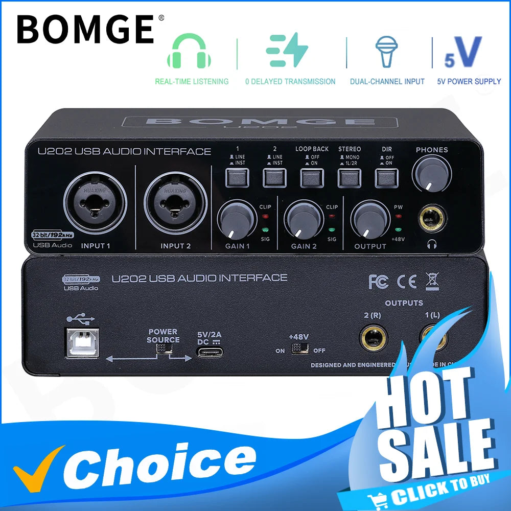 BOMGE U202 USB Audio Interface – Mic Preamplifier with XLR/TS/TRS Ports, 48V Phantom Power, 32-Bit/192kHz for Computer Recording & Streaming