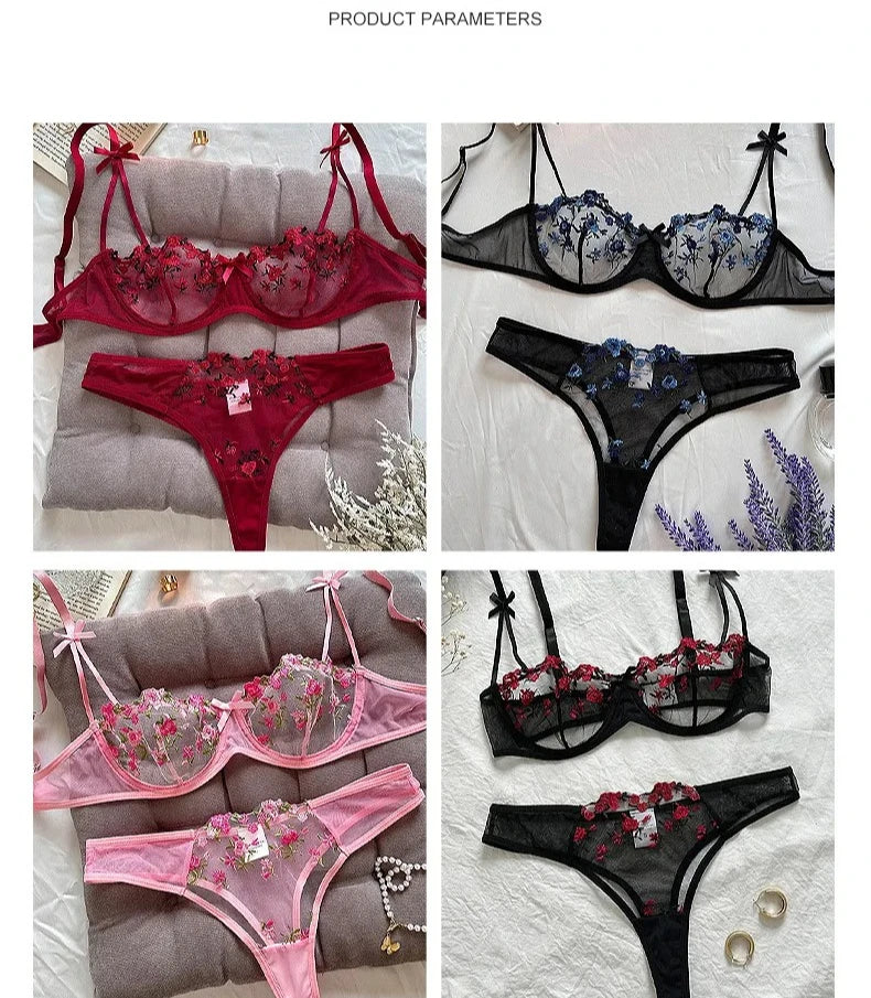 Sexy Lace Floral Lingerie Set for Women — Transparent Bra & Underwear Party Set, Sizes S-XL