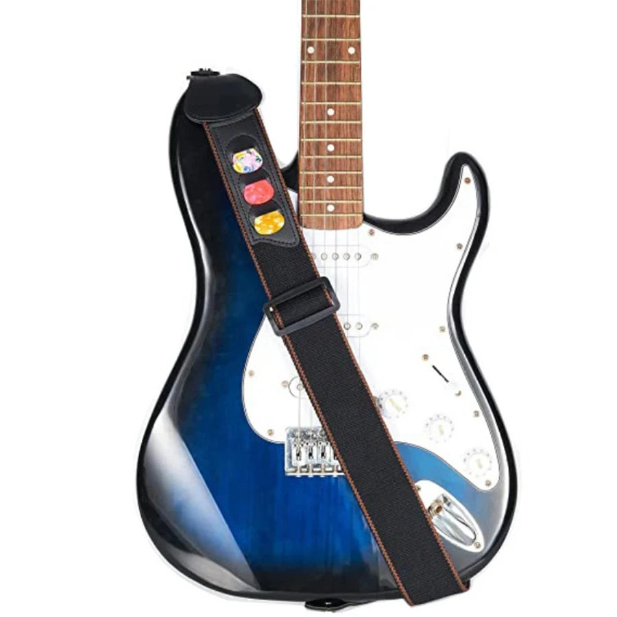 7 Piece Black PU Leather & Cotton Guitar Strap Set for Ukulele & Bass - Musical Instrument Accessory
