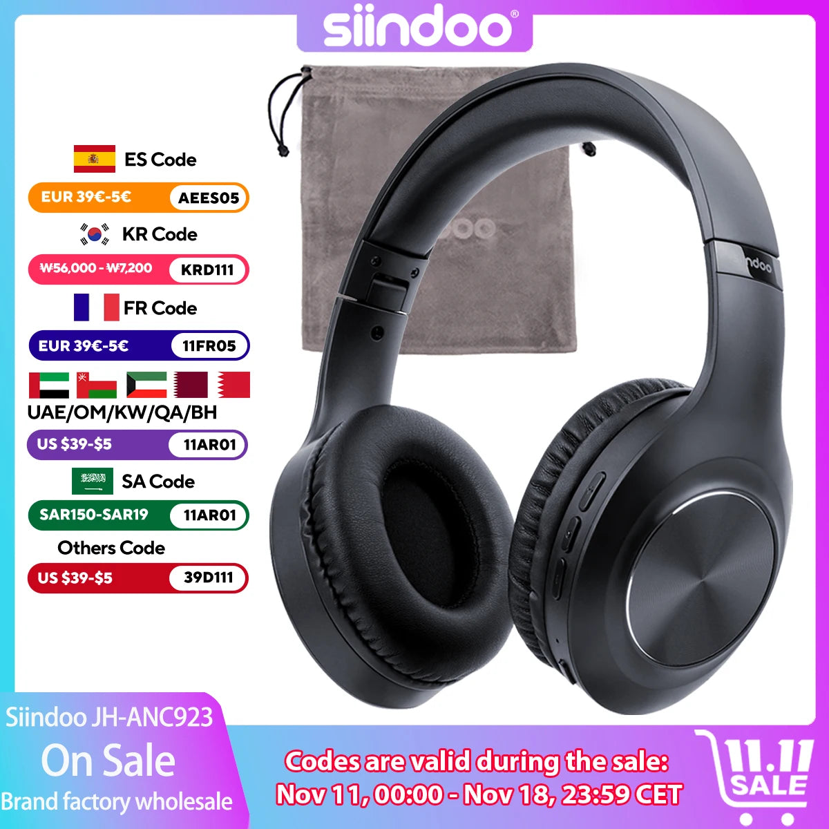 Siindoo JH-ANC923 Active Noise Cancelling Wireless Headset - Foldable Over-Ear Bluetooth Headphones with Mic, Hi-Fi Stereo & Deep Bass