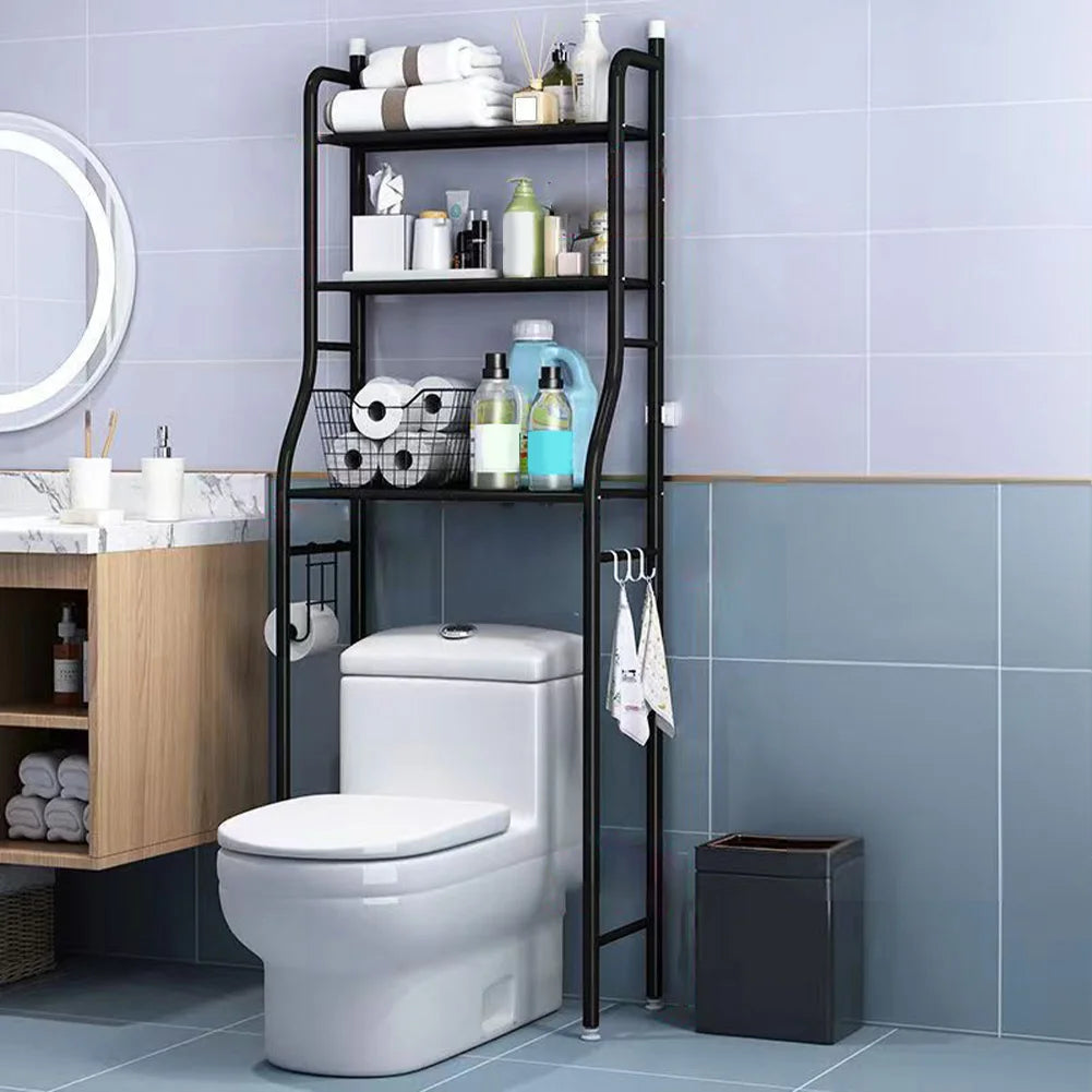 Metal Over-The-Toilet Storage Rack – Bathroom Organizer with Towel Hooks & Toilet Paper Holder