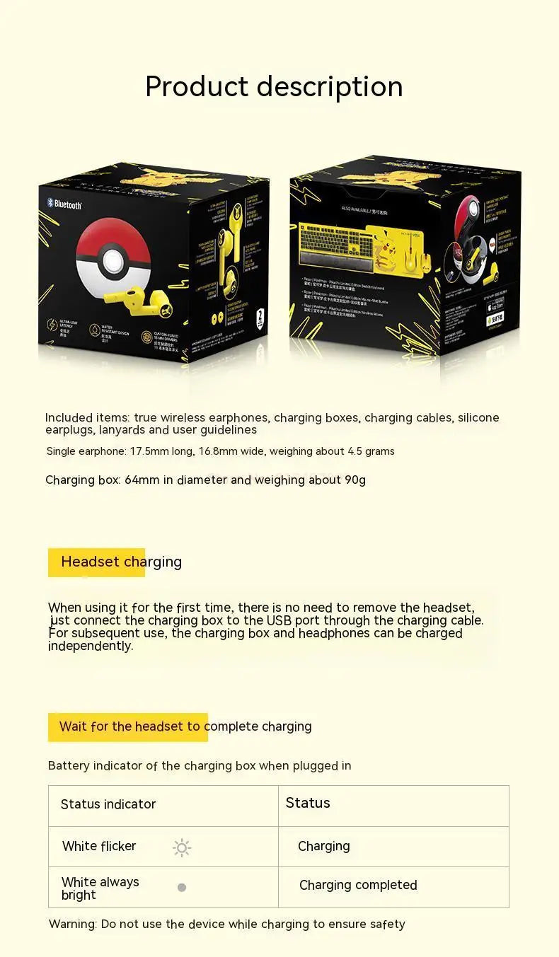 Pokémon Pikachu Wireless Bluetooth 5.0 Earphones – Noise Reduction Sport Headphones with Touch Control & Mic, Universal Gift