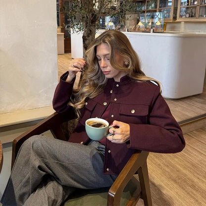 2025 Women's Burgundy Woolen Coat – Fashion Stand Collar, Puff Sleeves, Oversized Elegant High Street Jacket