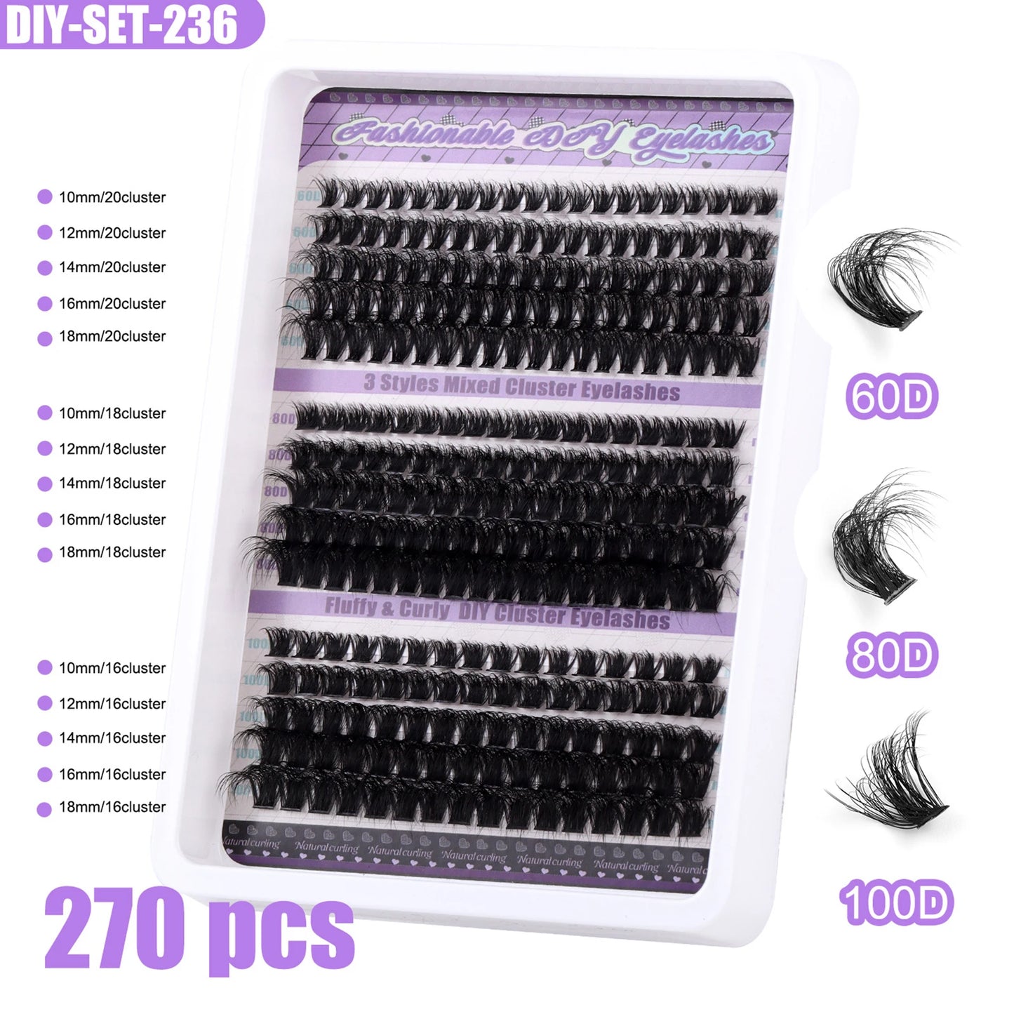 270pcs Individual Cluster Lashes — Fluffy Volume False Eyelashes with Bond & Seal Glue Kit, 60D/80D/100D Extensions
