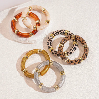 Leopard Print Bamboo Tube Acrylic Bracelets - Retro Stretch Beaded Bangles for Women & Men, Stackable Jewelry Gift