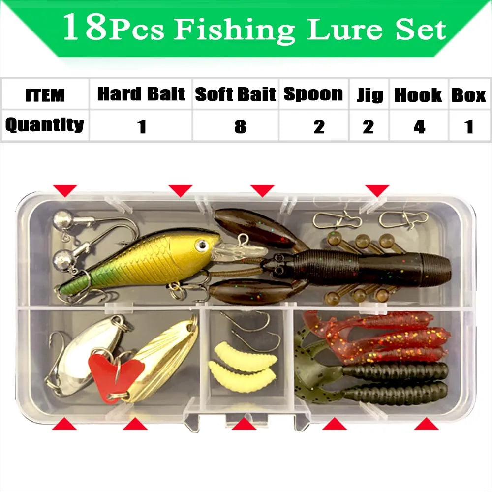 Fishing Lure Kit with Soft & Hard Baits – Minnow, Metal Jig Spoon & Crankbait Set for Bass & Pike Fishing with Storage Box Tackle Gear Kit