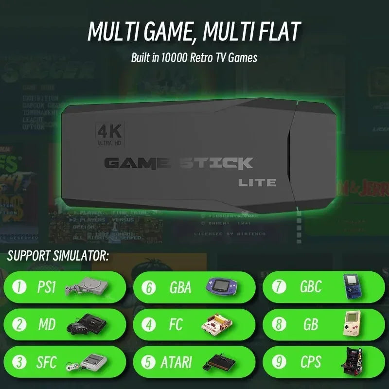 M8 Game Stick 4K Linux OS TV Video Game Console - Built-in 10000+ Games, 2.4G Dual Wireless Handle, 64GB Storage, 3D Games for PS1 SFC