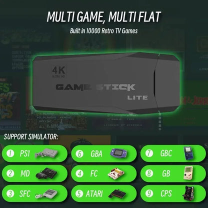 M8 Game Stick 4K Linux OS TV Video Game Console - Built-in 10000+ Games, 2.4G Dual Wireless Handle, 64GB Storage, 3D Games for PS1 SFC
