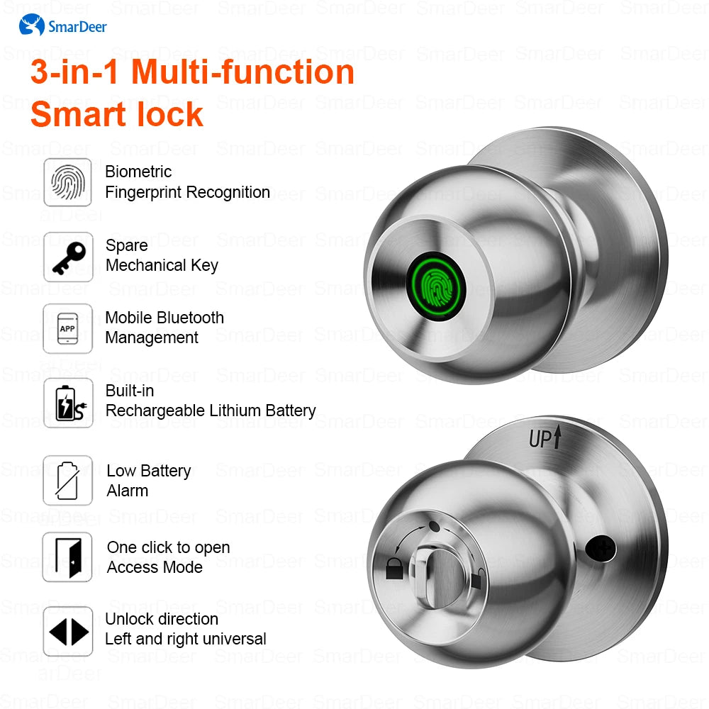 SmarDeer Fingerprint Door Lock – Tuya Smart Bluetooth Keyless Entry with Fingerprint & App Control