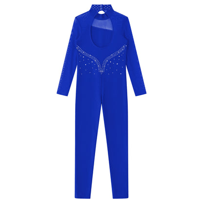 Kids Girls Long Sleeve Rhinestone Bodysuit — Full Body Dancewear Gymnastics Leotard Skating Jumpsuit
