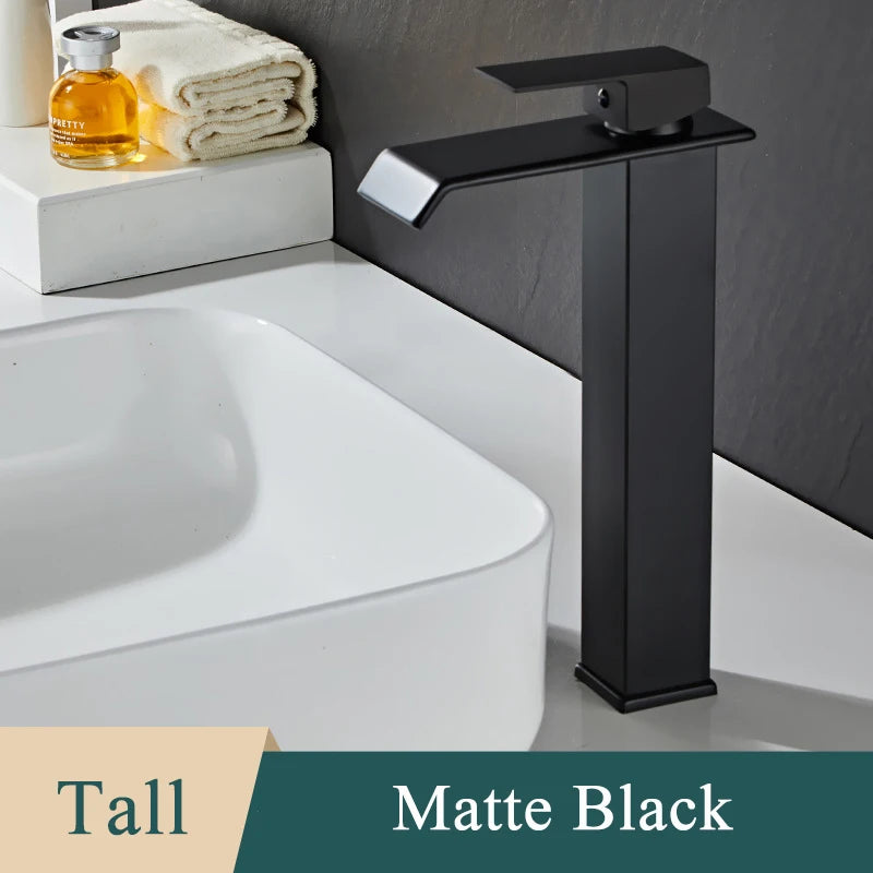 Bathroom Basin Sink Faucet - Deck Mount Waterfall Spout Tap with Single Handle, Hot & Cold Water Mixer for Vanity Washbasin