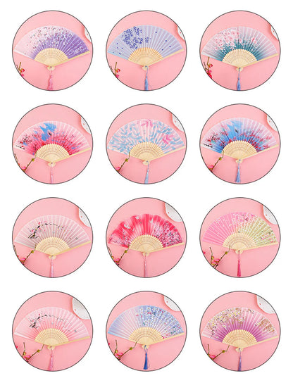 Bamboo Folding Fan with Silk — Chinese & Japanese Style Handheld Fan, Antique Art Craft for Summer Dance, Home Decor & Party