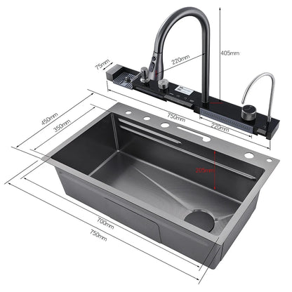 304 Stainless Steel Waterfall Kitchen Sink – Large Single Slot with Digital Display Faucet, Soap Dispenser and Cup Washer Set