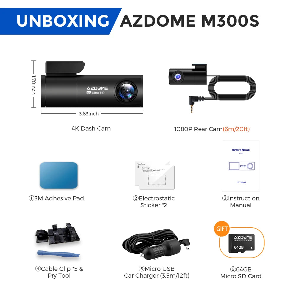 AZDOME M300S Dash Cam – 4K+1080P Dual Car Camera, Built-in 5.8GHz WiFi, GPS, 24H Parking Mode, Night Vision Black Box