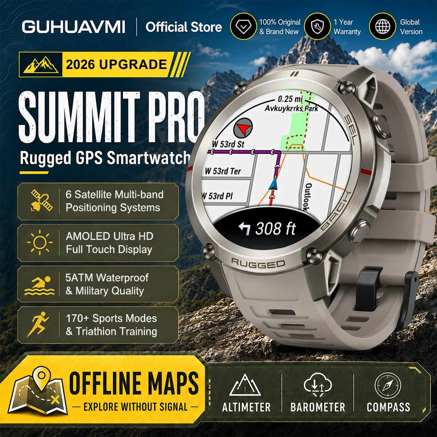Military GPS Smartwatch for Men - 1.43" AMOLED Display, Bluetooth Calls, Compass, 5ATM Waterproof & 170+ Sports Modes
