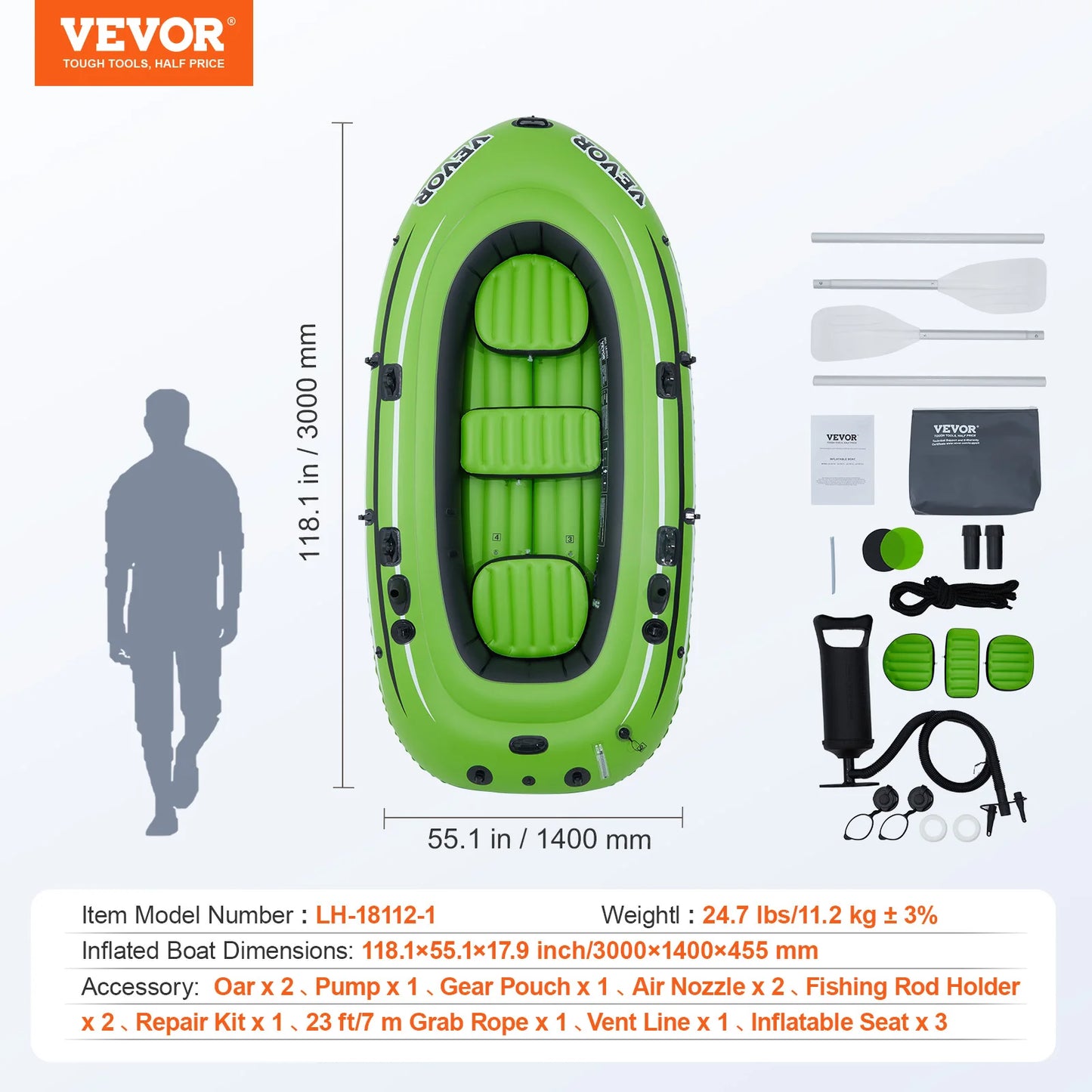 VEVOR 4-Person Inflatable Fishing Boat – Durable PVC Raft Kayak with 45.6" Aluminum Oars & High-Output Pump