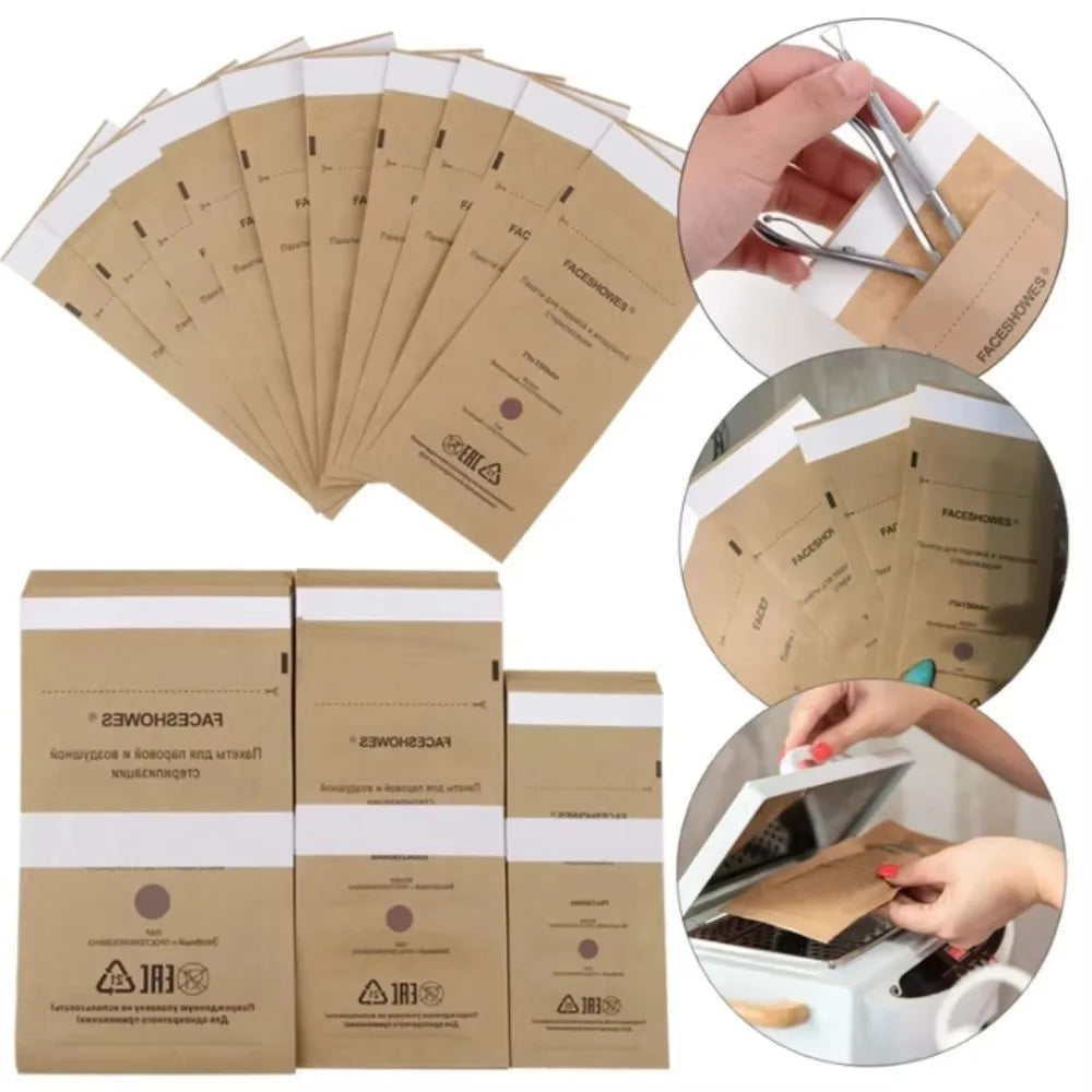 100pcs Nail Sterilizer Kraft Bags – Disposable Manicure & Nail Art Disinfection Tools